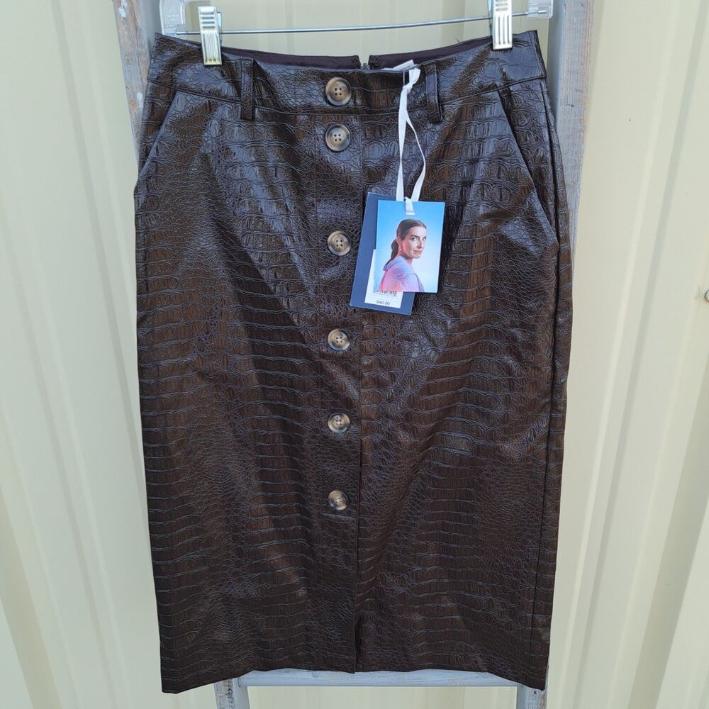 Rachel Comey Brown Women's Coffee Faux Leather Snakeskin Midi Skirt Size 4 Small